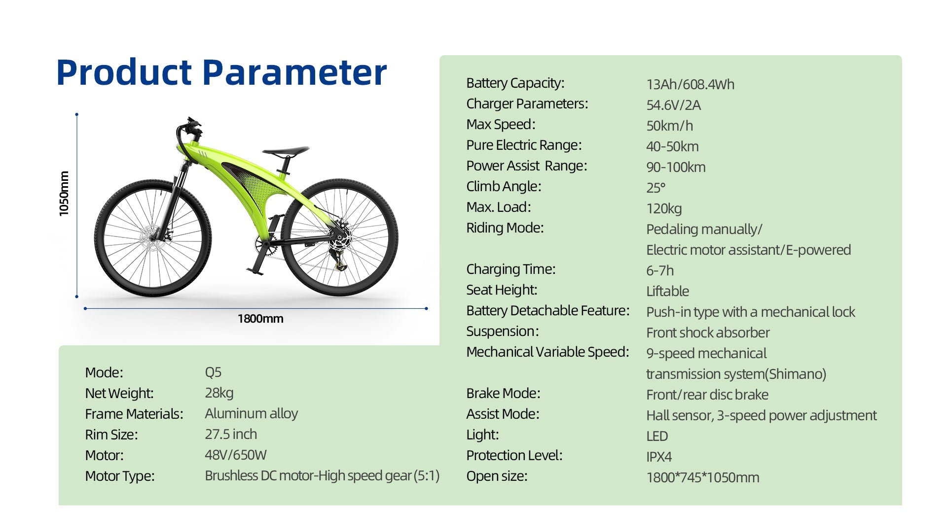 Q5-27.5 Inch 650W 100KM Long Range 9 Speed Mountain Electric Hybrid 